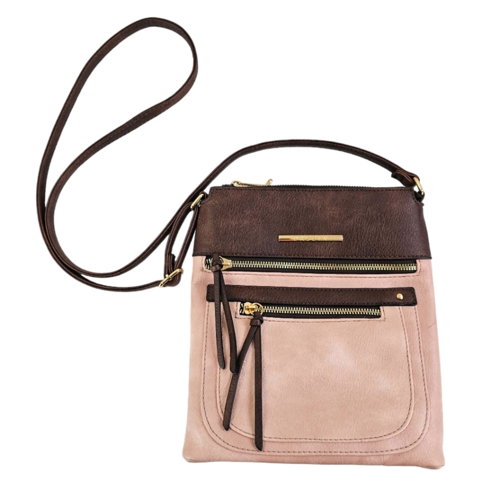 Dasein Pink and Brown Lightweight Vegan Leather Crossbody Bag